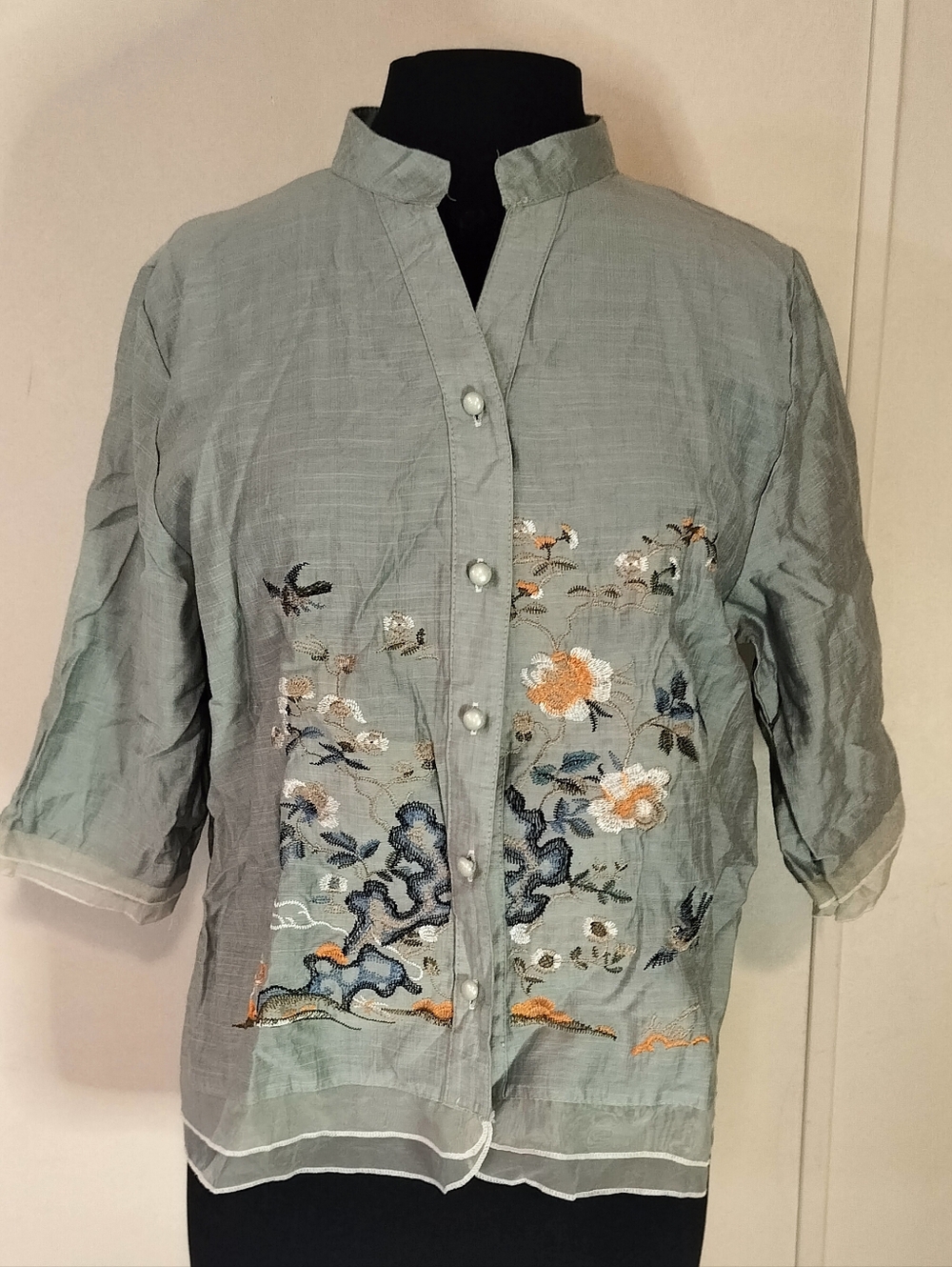 Embroidered Mandarin Collar Jacket in Light Sage